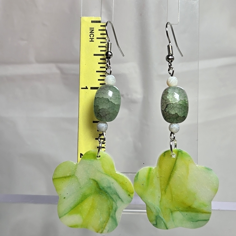 #B228- Elegant Handmade Green Floral Drop Earrings with Glass Beads - Picture 2 of 5